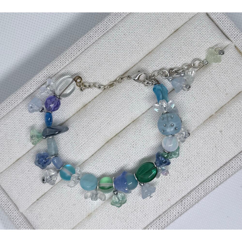 Handmade floral glass beaded bracelet adjustable chain lobster claw clasp